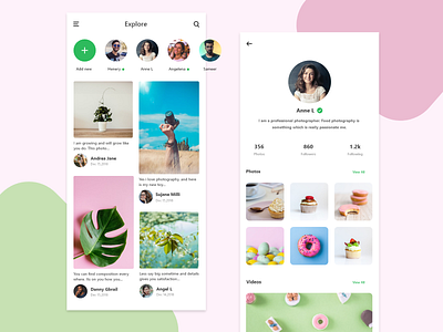 Feeds And Profile add app application explore feeds followers follwing food mobileapp photography profile ui ui design user interface