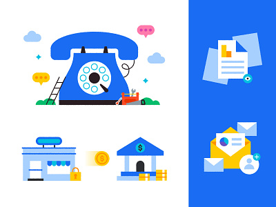 Service Titan Illustrations bank chat cute data design editorial email icon illustration money phone report services store tools transfer