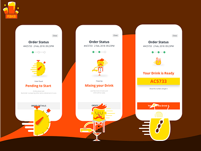 PubHub Order status app cafe chef clock design drink drinks illustration mobile order order confirmation order details order food progressbar pub status statusbar ui vector