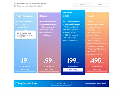 SaaS Pricing Page call to action comparison conversion rate optimisation entreprise landing design plans plugin premium pricing pricing page pricing plans pricing tables saas saas landing page solutions tooltips ui web