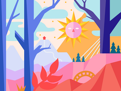 The Sun Is Up 2d day flat illustration morning mountains sun trees vector