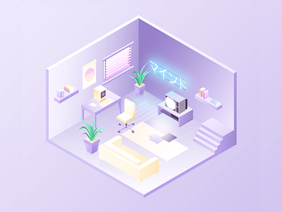 Isometric Retrowave affinity designer affinitydesigner design gradient graphic graphic design illustration interior isometria isometric design isometric illustration neon pastel retro retrowave room vector violet