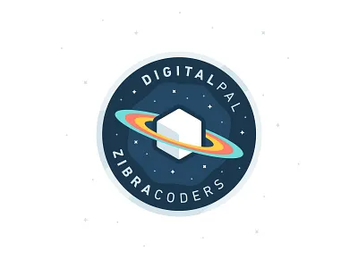 DigitalPal + Zibra Coders badge circle cube galaxy illustration patch planet space square stars