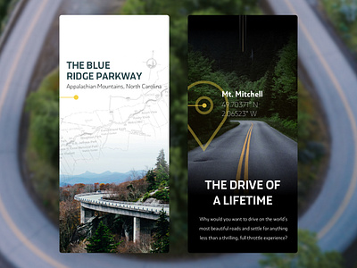 Blue Ridge Parkway app concept dark driving icons light map photography scenery typography ui