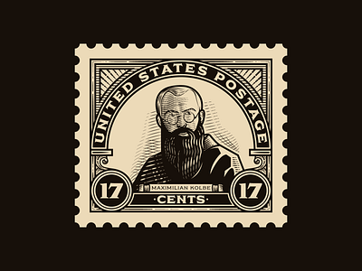 Maximilian Kolbe Stamp badge engraving icon illustration illustrator peter voth design peter voth illustration portrait vector vintage