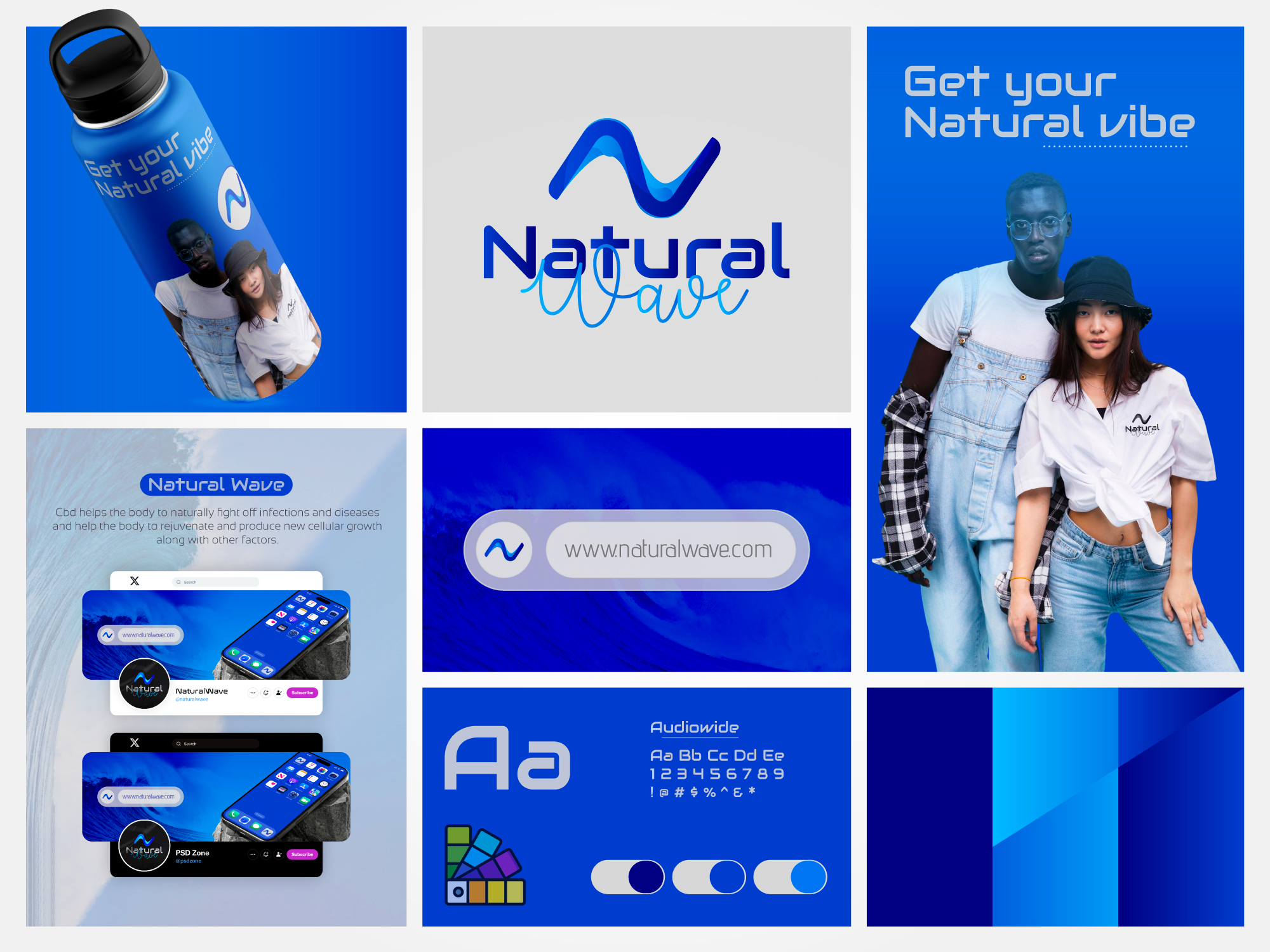 Healing Through Nature – Natural Wave CBD Identity Design blue branding cannabis branding cbd brand identity cbd logo cbd packaging clean organic design eco friendly branding fitness health and wellness herbal medicine logo holistic health modern cbd logo modern natural logo natural health logo natural wave organic product design rejuvenation brand wellness branding wellness identity