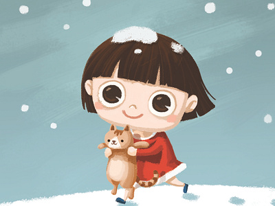 snow walking cat character design girl illustration