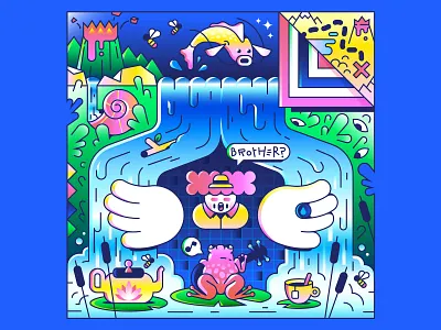 Into The Wild 4/4 character conch editorial editorial illustration fireply fish guitar illustration map tea toad vector volcano water waterfall