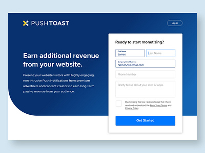 Push Lander blue cta curve form field lander marketing ui