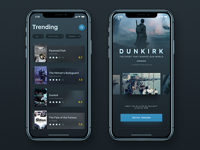 Trending Movies app blue card clean design dunkirk icons ios iphonex mobile movie trending ui ux