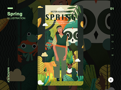 Girl's spring landing page dog four seasons illustration illustration packaging landing page owl spring ui vector style 四季 小狗 插画 插画包装 春天 登陆页 设计