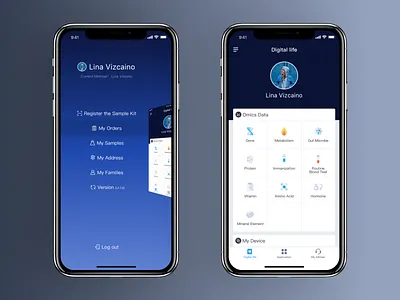 MEUM APP ai app big data blue card dashboard design details digital dna gene genetic health infographic menu navigation profile sidebar ui ux