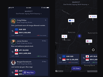 List & Map View dark app design financial list view map view ui ux