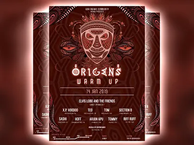 Origens WARM UP artwork ancient beach design digital fractal goa illustration india music origens party poster psychedelic psytrance tribal vector