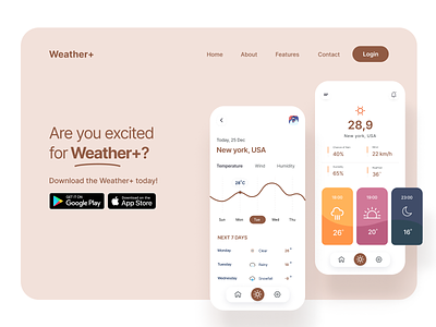 Weather+ App Promo Web Exploration 2022 app arslan design page screen store temperature trend ui weather web