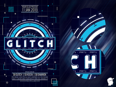Glitch Party Flyer 2019 Template channel shift cmyk daminda daminda design digital distortion disturb editable effect effects glitch glitch party hud noise photo photoshop poster rave ripple science