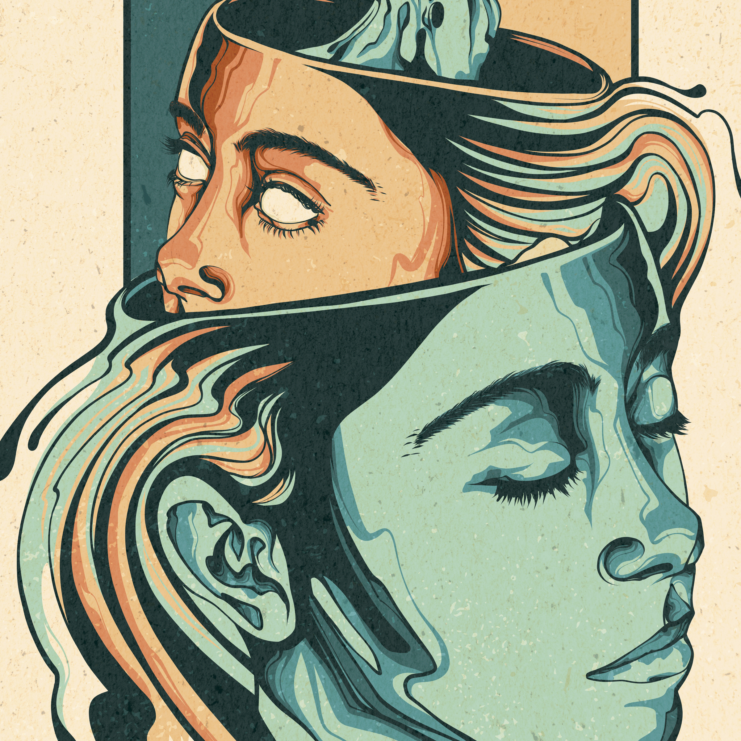 Dream Within A Dream blue bonsai cabin digital art dreaming dreams eyes illustration moon multiverse poster design psychedelic sleeping sun surreal tree trippy vector woman yellow