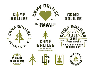 Camp Galilee Elements apostolic badge branding camp church galilee god heart identity jesus lockup logo minnesota monogram pine summer tree