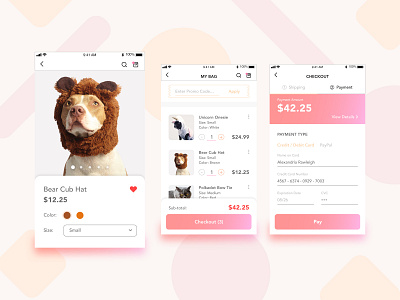 Pet E-commerce Checkout animal app checkout credit card dog ecommerce form gradient iphone item description list pastel payment pet retail shopping cart ui