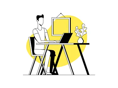 Work chair desk frame illustration line art plant shadow table