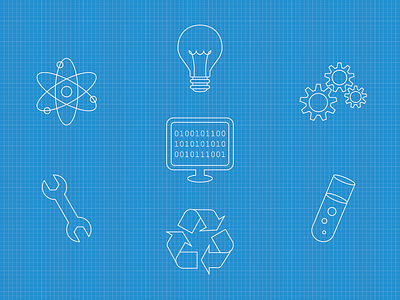 Blueprint with science, engineering and technology icons atom blueprint cogs computer engineering lightbulb recycle science spanner technology test tube