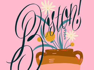 Boston! boston boston baked beans boston globe city floral flowers food illustration pink tavel