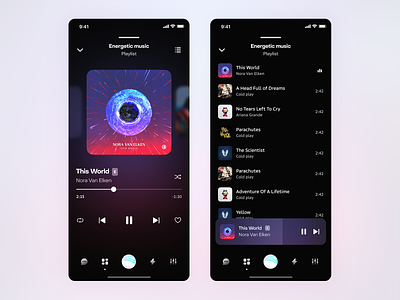 Music player UI by Milkinside ai branding colors dashboard list material music pause personalization play player reflection scroll styleguide ui uiux ux voice widgets