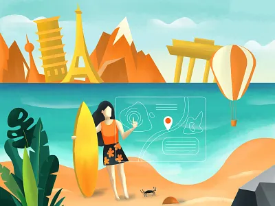 Travel illustration beach bright customise design girl holiday homepage illustration illustrator landmarks monument sea surf tour travel traveller trip wanderlust water websiteillustration