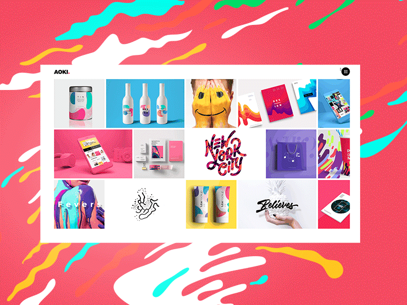 Aoki - Horizontal Portfolio animation bold branding colorful creative design agency designer edgy freelancer graphic hello dribbble navigation packaging portfolio slider ui uidesign ux vector