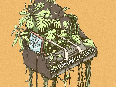 Broei art classical drawing green hands illustration jazz jungle monstera music mysterious mystic orange piano plants relax roots sketch sketchbook