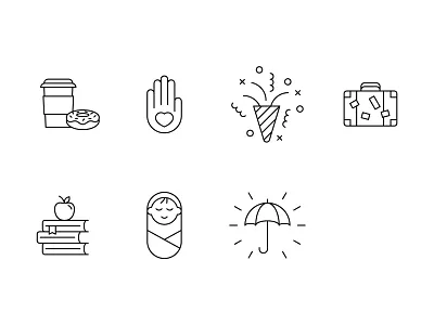 Benefits Icons apple baby benefits coffee doughnut education events hand icon icons illustration insurance line art line work maternity snacks suitcase umbrella vacation volunteer