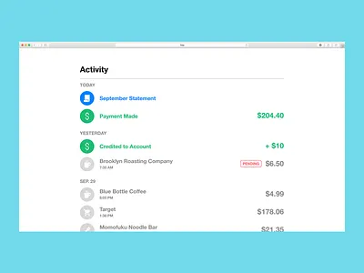 Simple Credit Card Payment Feed activity bank credit card date design money payment simple statement ui ux