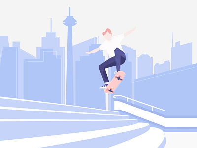 Man Performing Skateboard Trick building character city scape flat design illustration invite skater sketch street art tower