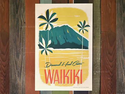 Diamond Head Crater beach diamond head hawaii illustration oahu palm trees vintage waikiki