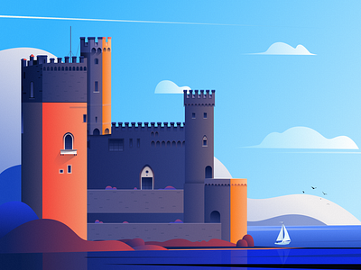 Castle Tour architectural art art illustration blue castle cloud design drawing flat illustration illustration landscape mountain nature orange painting people sea sky tree vector illustration wallpaper