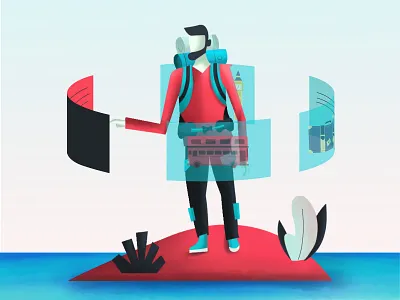 Traveler choosing his trip backpack bag best design blue booking choose customize holiday illustration illustrator man select selecting selection single tour travel traveller trip wanderlust