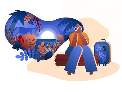 Foretaste of journey beach blue girl illustration sea travel traveler vector yellow