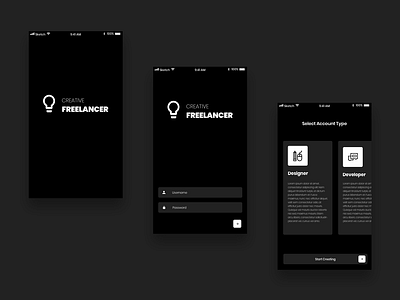 Freelancer App Concept black dark dark app dark ui design login sketch splash screen user experience user interface ux