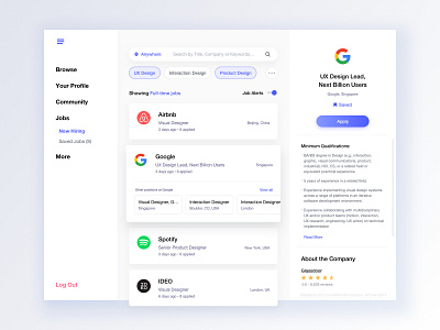 Job Search app clean dashboard design ecommerce gallery interface left leftalign leftaligned light marketplace minimal minimalism ui ux white