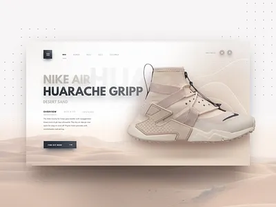Nike Air Huarache Gripp app branding card depth ecommerce header landing page logo minimal nike product purchase sand shadow shoe simple typography website