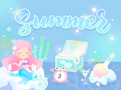 Summer crab design illustration mermaind pearl seabed seaweed shell starfish summer