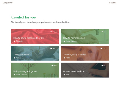 Daily UI #091 - Curated for you article articles blog blog posts blogging cards curate curated for you daily ui daily ui dailyui flat interface like social social media typography ui ux web