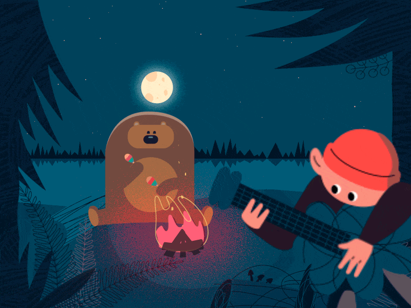 Campfire with bear 🖤 2d animation bear campfire course illustration motion motion design music vector