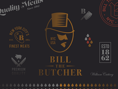 Bill the Butcher brand branding identity butcher butcherie meat steak film movie cinema drama knife knives cleaver logo logomark logotype martin scorsese new york packaging design mockup pig cow animal farm vintage retro classic