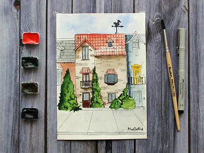 Watercolor street drawing house illustration sketch water color watercolor