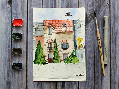 Watercolor street drawing house illustration sketch water color watercolor
