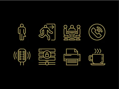 General Provision Wayfinding Icons bathroom coffee conference coworking icon iconography icons icons set illustration illustrator line art meeting mono line phone podcast printer restroom server signage wayfinding