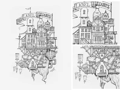 Red Label Lullabies bar beer dhultin floating houses illustration island label lullabies red wiskey