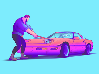 Smashin' 80s auto big lebowski breaking car colorful corvette crash crowbar illustration neon rage smash