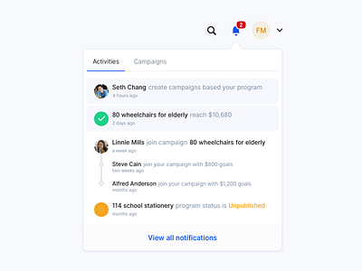 Online Fundraising - Notifications activities affordance campaigns charity clean design donate donations fundraising nonprofits notifications product real project responsive saas signifier ui design usability user interface web design
